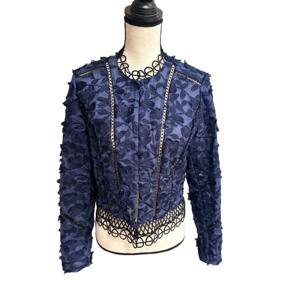 Elie Tahari Navy Ramie Floral Embroidered Lace Statement Jacket Womens 6 small